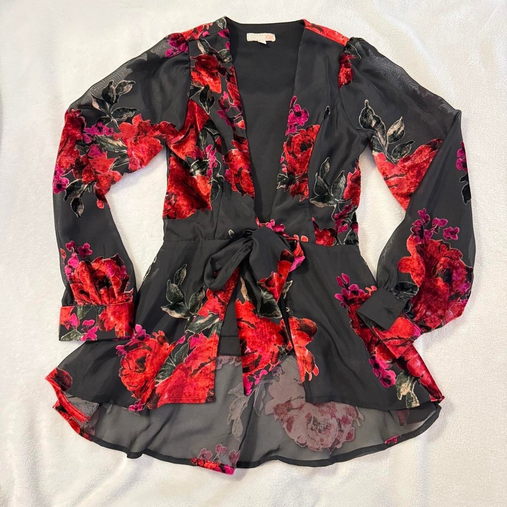 Gianni Bini XS Velvet Burnout Floral Blouse Sheer Black Red Tie Waist Peplum